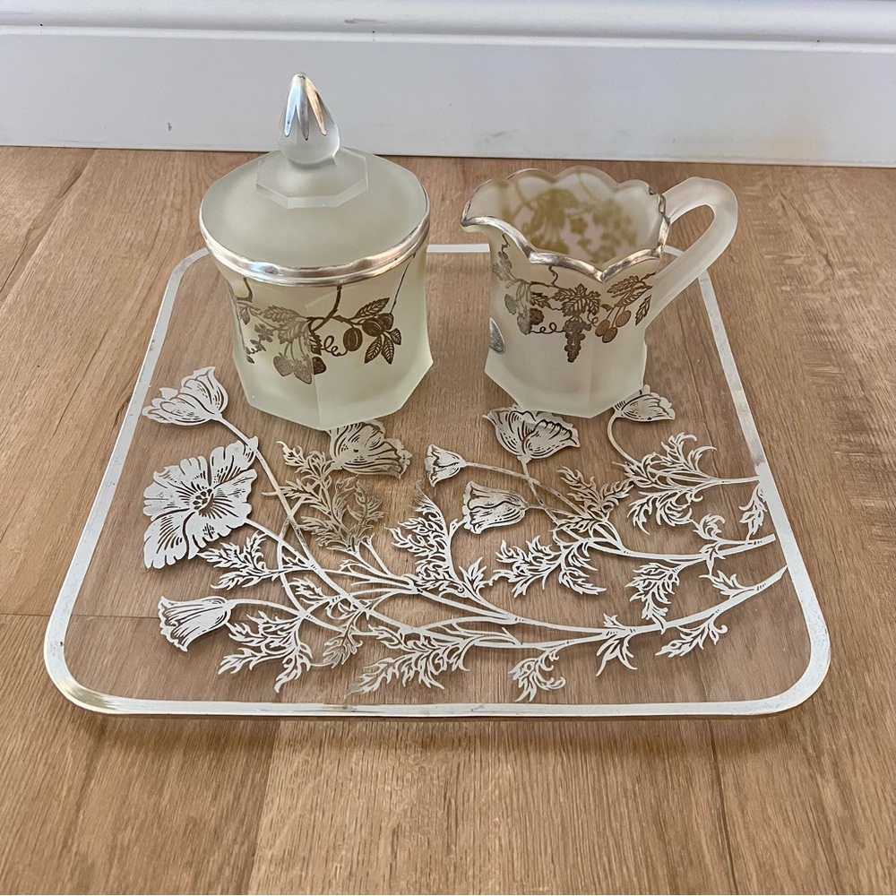 50s‎ Silver City Glass Sterling Silver Overlay Lid Sugar Bowl, Creamer, Tray Set
